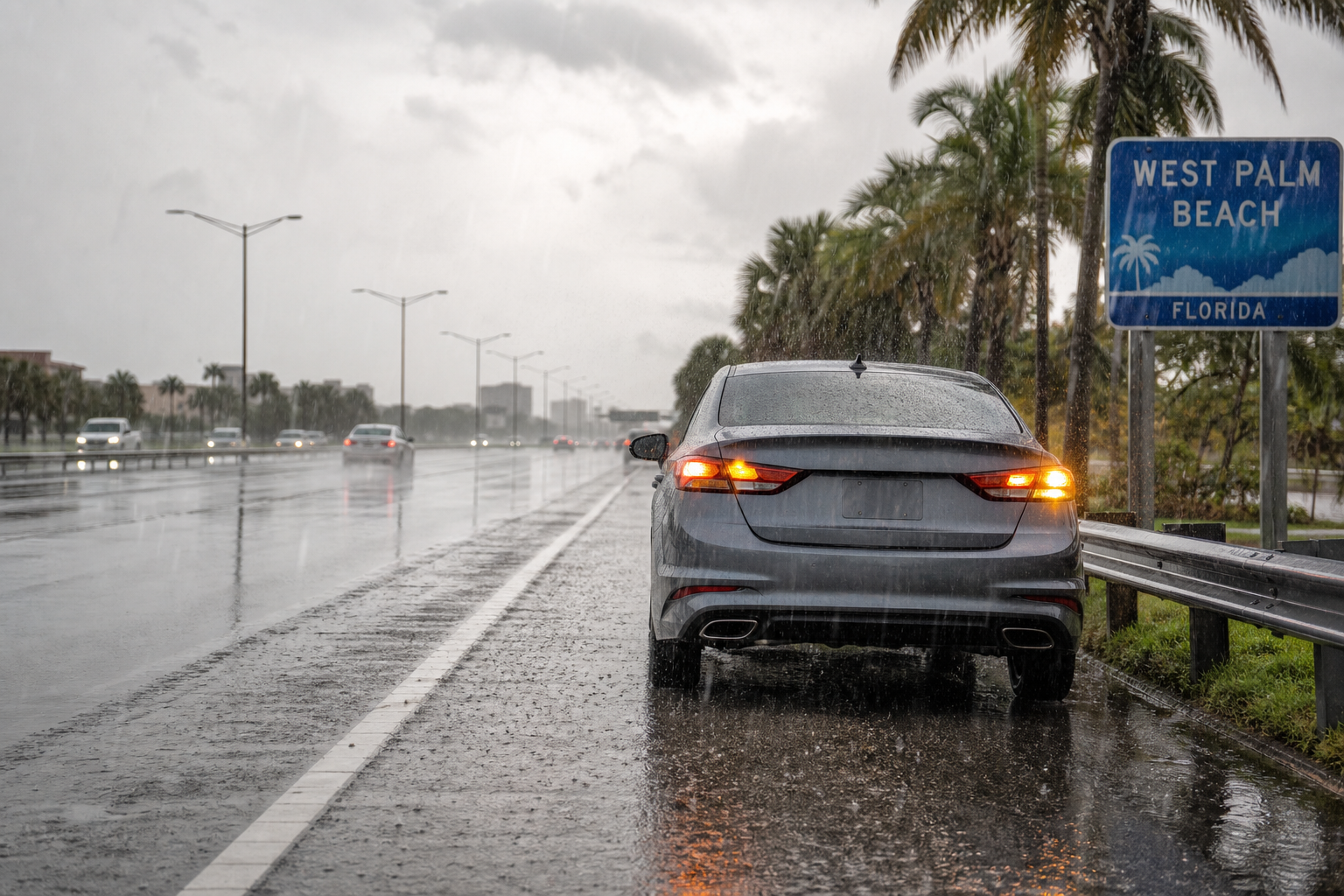 Car stopped on a rain-soaked West Palm Beach roadway during a heavy Florida downpour