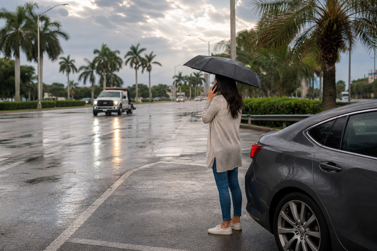 Driver safely stopped off the travel lane in West Palm Beach while calling for emergency fuel delivery during a rainy afternoon