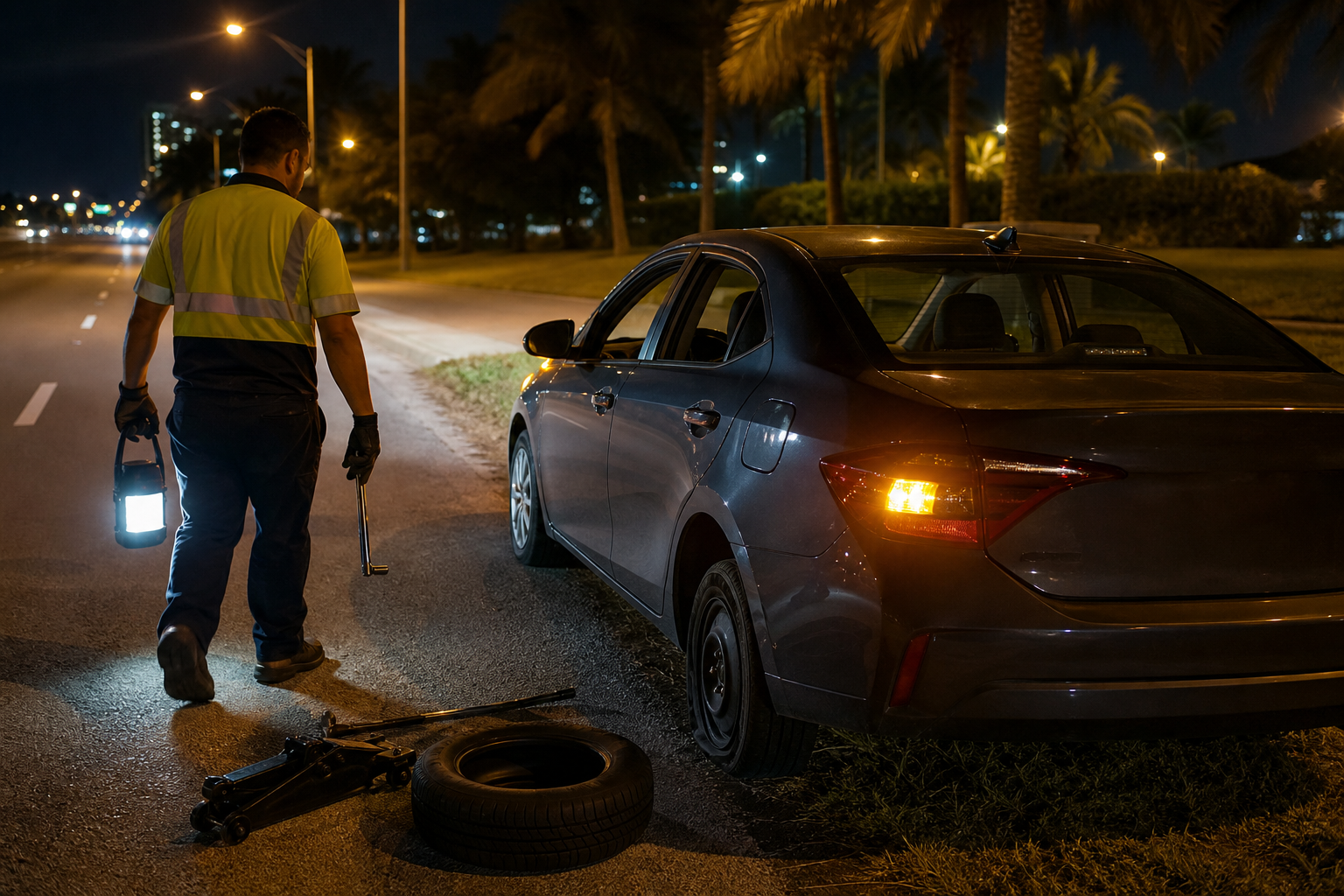 Roadside technician preparing to help with a flat tire beside a safely parked car at night in West Palm Beach