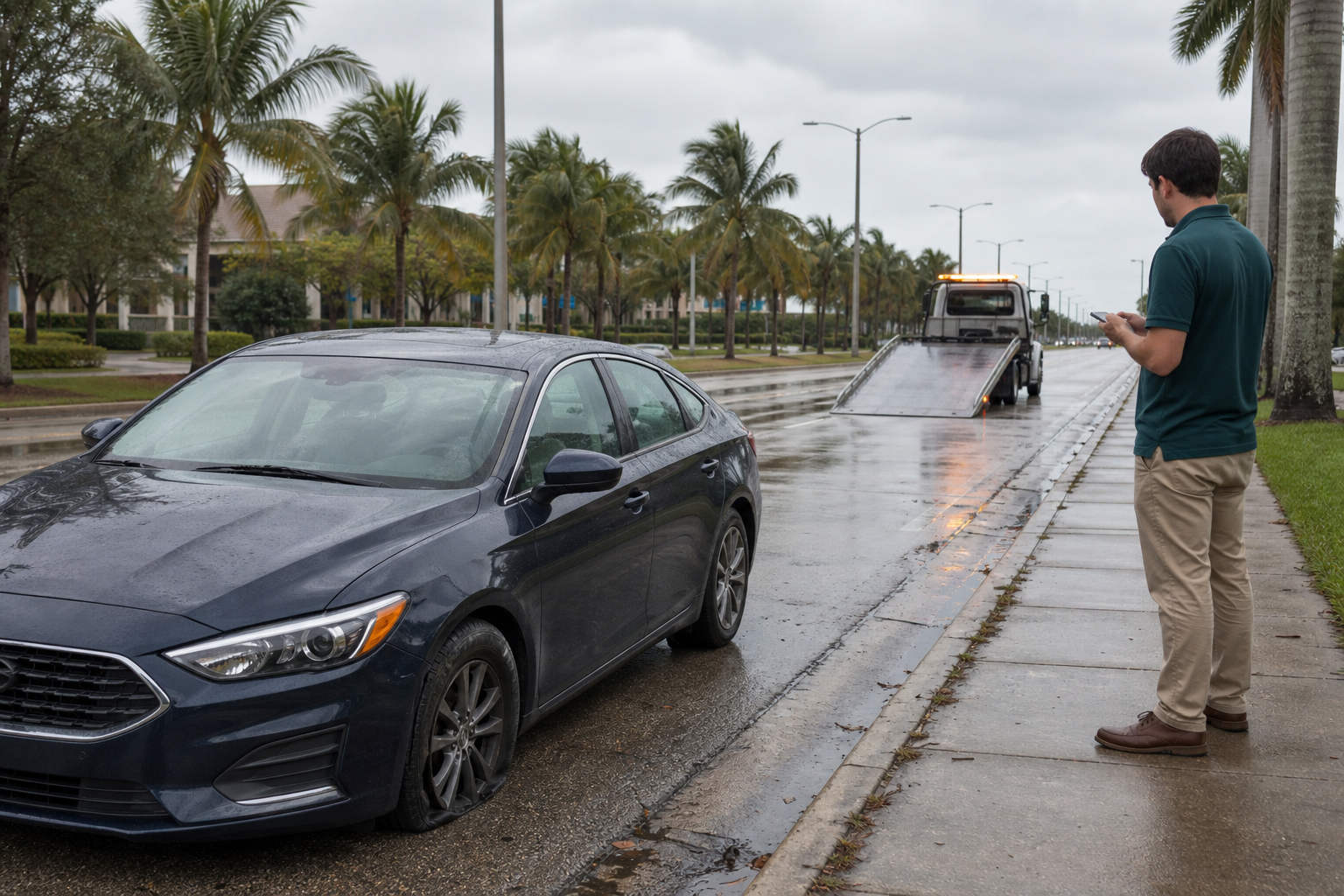 Driver standing safely beside a parked sedan with a visibly damaged tire after hitting a pothole on a rain-darkened West Palm Beach street