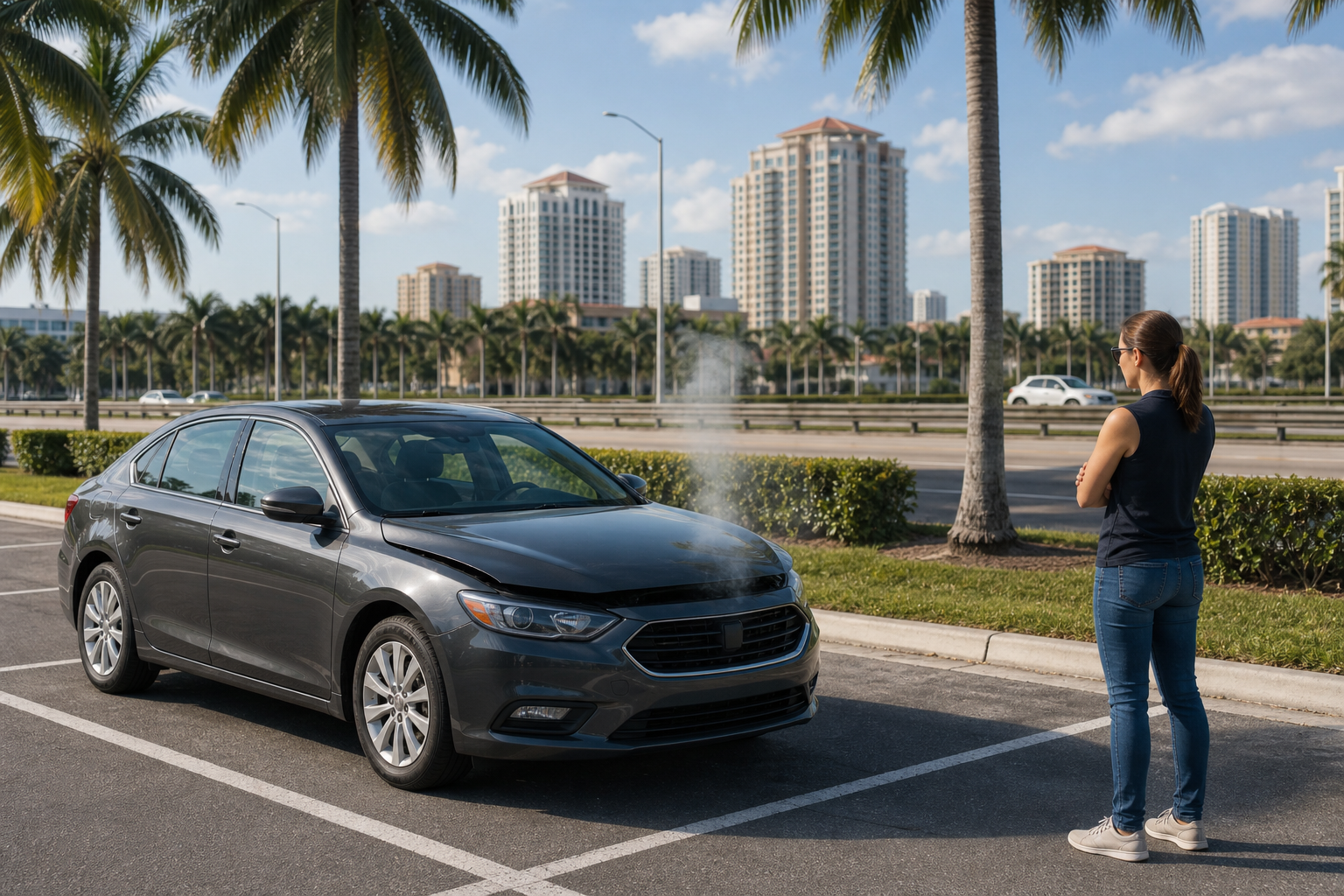 Car safely pulled off a West Palm Beach roadway with steam coming from under the hood