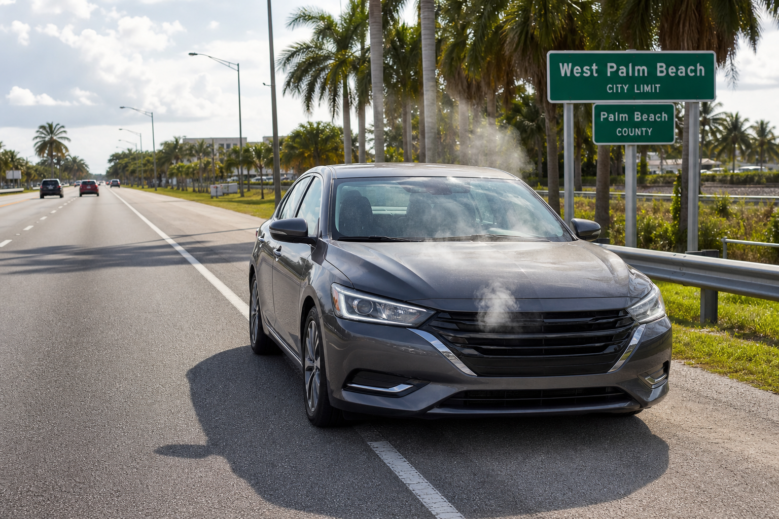 Car safely stopped with steam rising from under the hood on a sunny West Palm Beach roadway