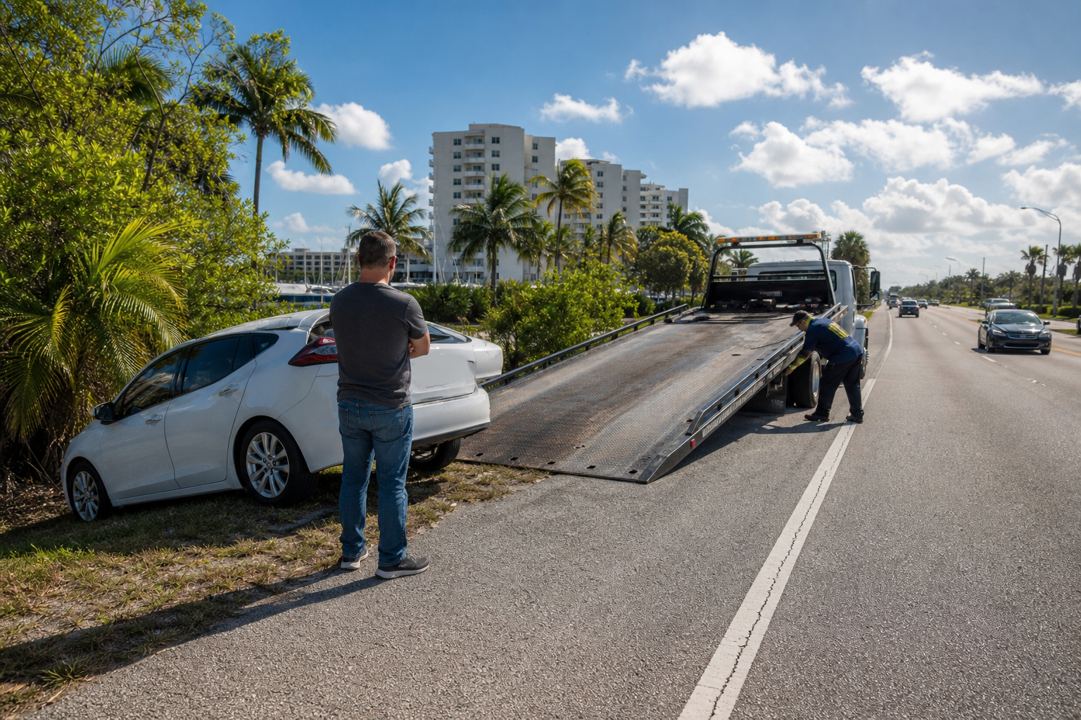 Driver standing in a safe area while a flatbed tow truck prepares to load a disabled car in West Palm Beach, Florida