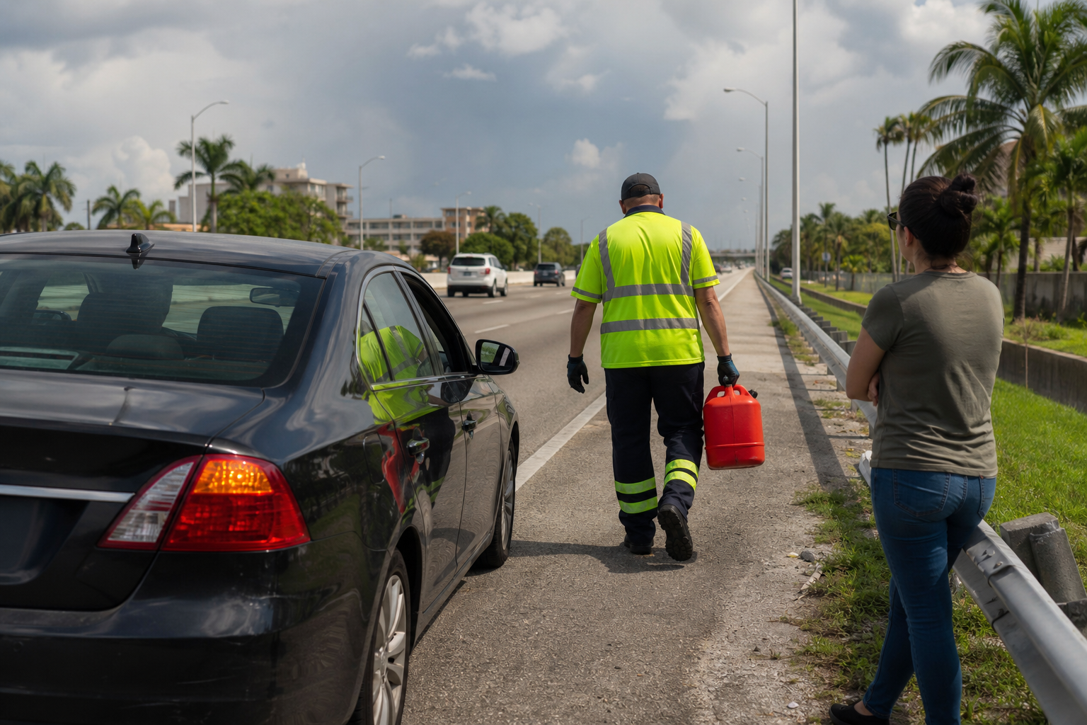 Roadside assistance provider delivering fuel to a stranded car in West Palm Beach while the driver waits away from traffic