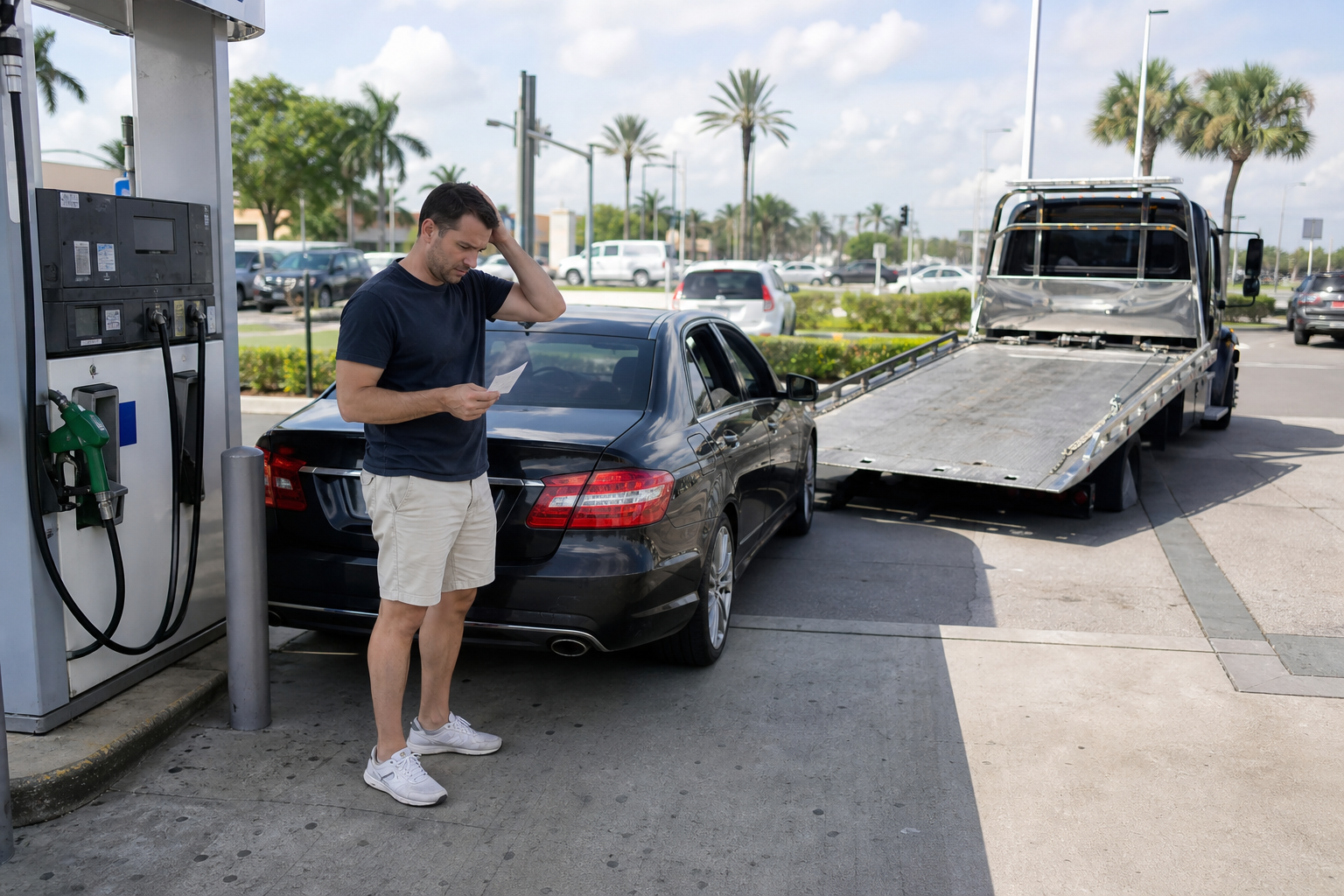 Driver beside a vehicle at a West Palm Beach fuel pump after noticing the wrong fuel, with the engine off and a flatbed tow truck approaching